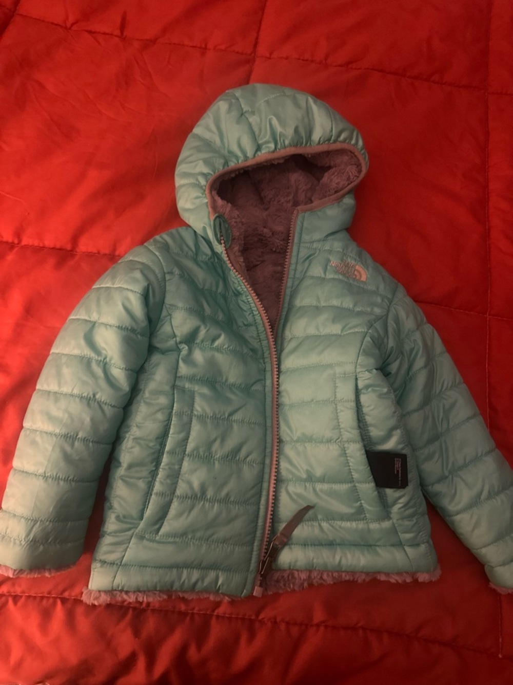 The North Face' Mint Green Hooded Puffer Jacket reversible size 2T - Picture 2 of 8